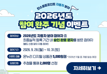 탄소중립포인트 자동차 분야
2026년도 참여 완주 기념 이벤트
참여대상 : 2026년도 자동차 분야 참여자 중 최종실적 등록 기간내 승인완료 문자를 받은 참여자 [별도 신청 없이 자동 참여!]
참여기간 : 2026. 9. 28.(월) ~ 10. 31.(토)
이벤트경품 : 온누리 디지털 상품권 5,000원권 *2026년 11월 중 개별 발송 예정
당첨인원 : 추첨을 통해 2,000명 선정
자세히보기